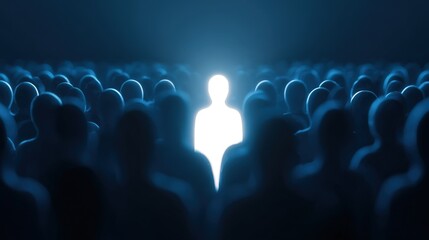 Obraz premium A Glowing Figure Stands Out Among a Crowd of Silhouettes in a Dark Setting Representing Uniqueness and Leadership