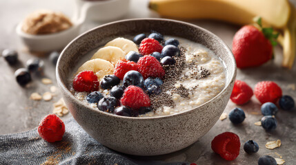 Healthy Oatmeal Bowl with Fresh Fruits and Nuts Nutritious Morning Breakfast Food