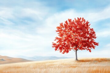 Vibrant autumn tree in golden field under bright blue sky