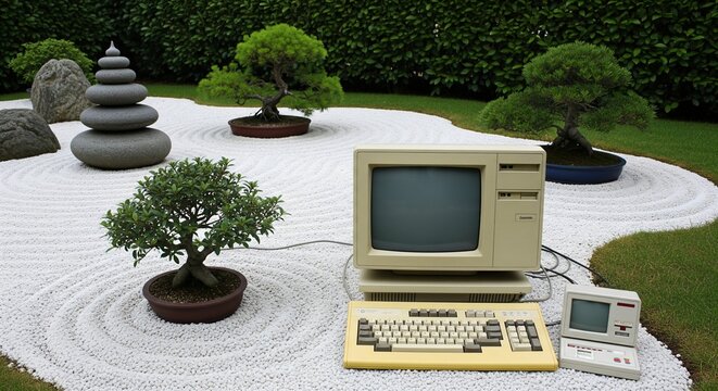 Computer vintage in bella mostra su un terriccio di sassi e bonsai attorno in una visione artistica di insieme