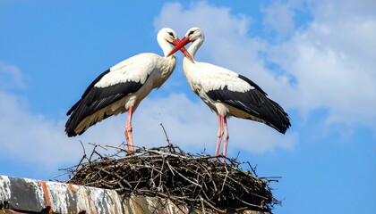 Two storks in a nest against a vibrant blue sky, showcasing a serene and loving moment.