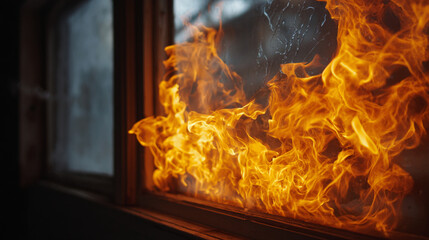 Close up shot of a window engulfed in flames with visible smoke and wooden frame view