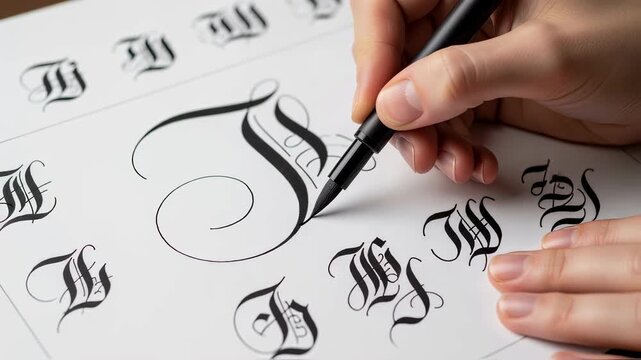 Hands holding a flexible brush pen midstroke on a practice sheet filled with flourishing cursive letters emphasizing the art of brush control.