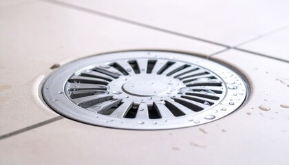 Circular metal drain cover with radial slots on tiled floor—light grout lines and neutral tones evoke cleanliness, functionality, and minimalist design in plumbing and interior layout.