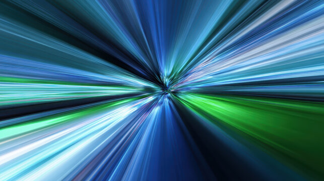 Dynamic abstract image with vibrant blue and green light streaks radiating from central point, creating sense of motion and energy