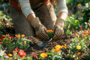 Obraz premium Hands in dirty gardening gloves planting small orange flowers into rich soil with a trowel in a sunny outdoor garden