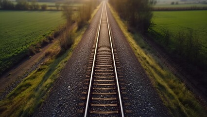 Straight railroad tracks extending through a serene rural landscape at sunrise, symbolizing a journey towards the future