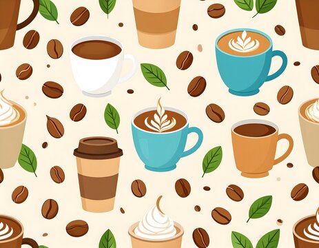 Seamless vector pattern with hot espresso, cappuccino, and coffee beans, perfect for cafe or restaurant design - Powered by Adobe