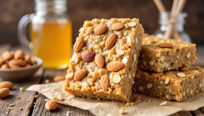 Nut and honey snack bars stacked on parchment with almonds and syrup