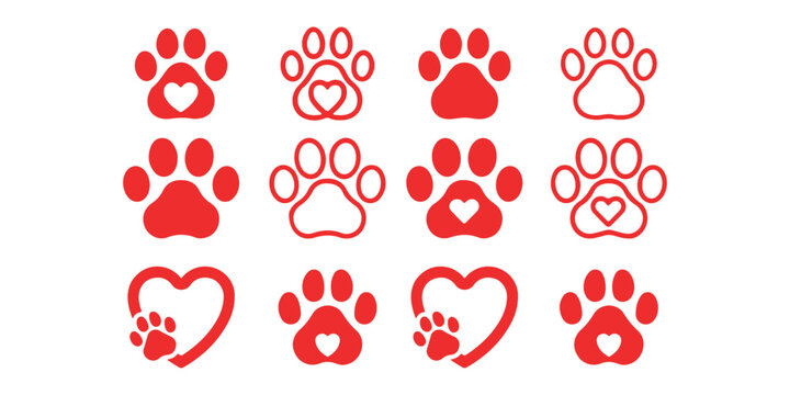 
Animal paw print icons representing dog and cat tracks, pet footprints, wildlife trail, symbol of pets, veterinary care, animal shelter, adoption, and pet-friendly design concept 