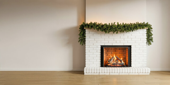 Fototapeta Cozy living room with white brick fireplace and green garland