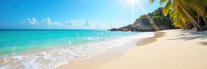 Obraz premium Sun-drenched beach scene with gentle waves lapping the shore, clear blue sky, and soft sand Perfect for summer vacation themes and travel brochures , tropical, sandcastles, golden