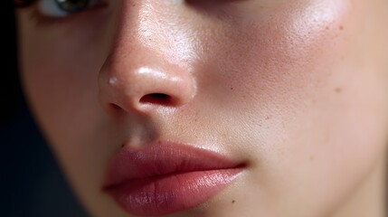 Naklejka premium A close-up, serene portrait highlighting the delicate features and natural beauty of a young woman's face in a pensive, thoughtful expression