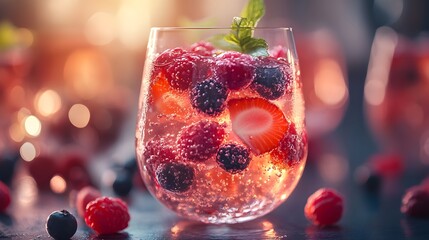 A refreshing berry cocktail with fresh strawberries, raspberries, and blackberries is beautifully presented in a glass, evoking a sense of summertime induence.