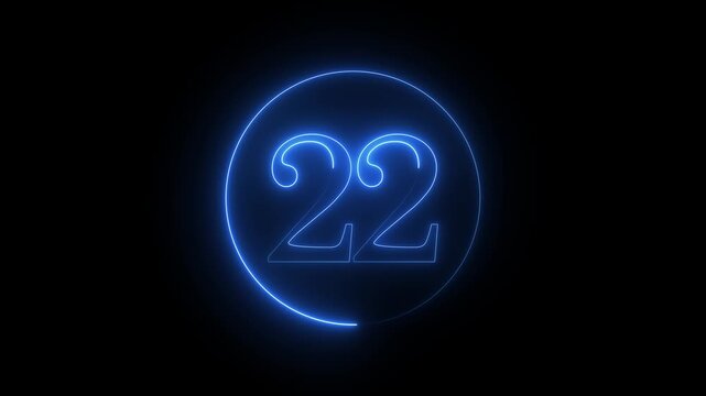 captivating digital rendering showcases the number 22, encircled by a vibrant, glowing blue neon light, set against a stark black backdrop, creating a mesmerizing & futuristic aesthetic design element