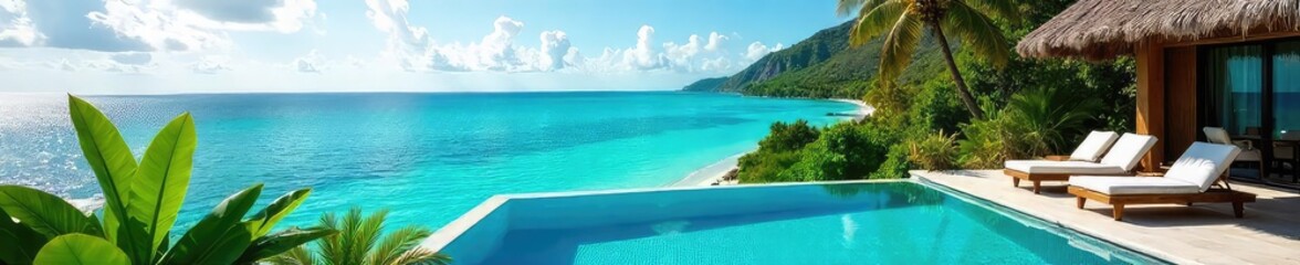 Fototapeta premium Sun-drenched infinity pool overlooking a pristine, turquoise ocean; lush tropical foliage frames the scene, embodying ultimate relaxation and escape , destination, pool
