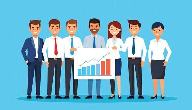 A diverse group of business professionals stands united, showcasing positive growth represented by a bar graph.