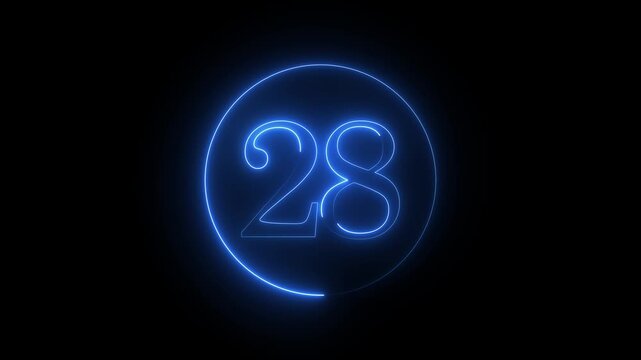 Illuminated neon number 28 in a circular frame on a dark backdrop, ideal for digital clocks, event dates, or contemporary artwork, providing a sleek and eye catching visual for various applications