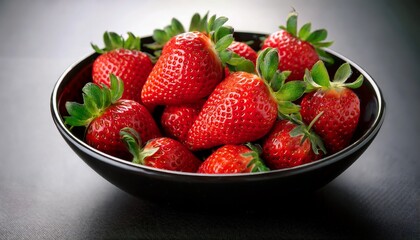 A Black Bowl Filled With Bright Red Strawberries Highlighting Their Juicy Appearance And Green Leafy Tops The Vibrant Colors Create An Inviting And Refreshing Look