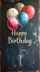 Vibrant balloons, in various shades, float above the words "Happy Birthday" on a dark, textured chalkboard.