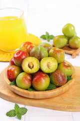 Cut Red Green Plums Pieces Bowl Wooden Board Mint Juice Fresh Fruit Healthy Food
