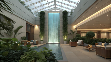 Waterfall Atrium Lounge – Indoor vertical waterfall as centerpiece.