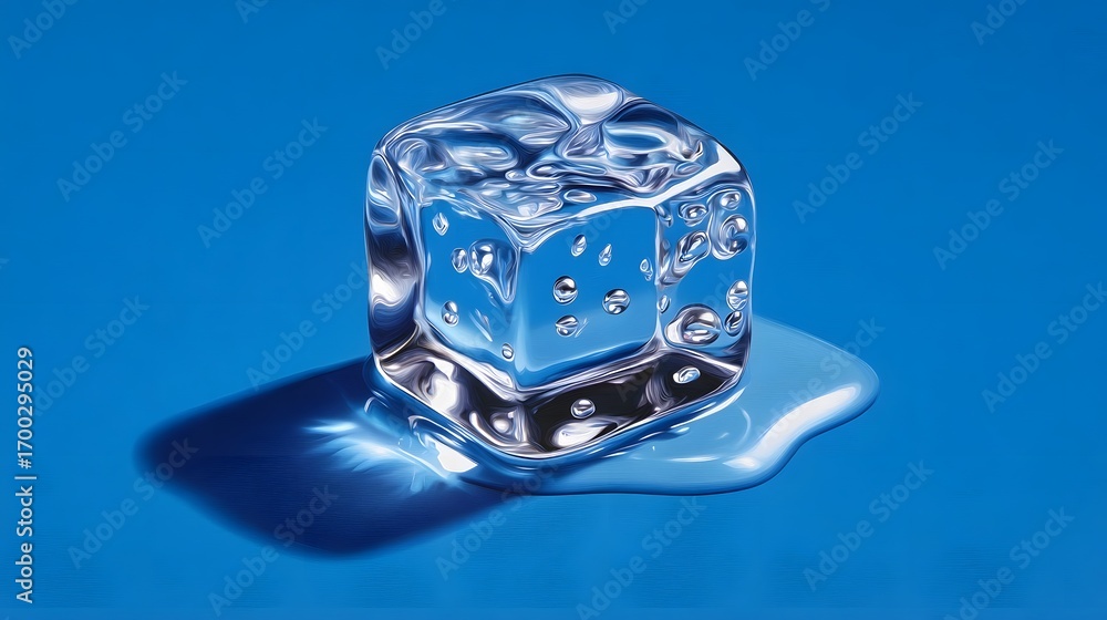 Poster a close-up view of a single, crystalline ice cube resting on a smooth, vibrant blue surface, creatin