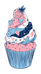 Cute Hand Drawn Doodle Cupcake Sticker with Pink and Blue Frosting