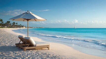 Obraz premium Tranquil Beach Scene With Lounge Chairs And Umbrella