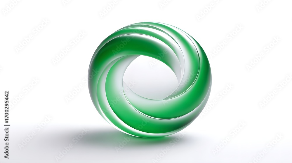 Poster a mesmerizing 3d-rendered spherical shape in shades of green, with a dynamic spiral pattern that cre