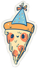 Kawaii Pizza Slice Sticker Wearing a Festive Party Hat