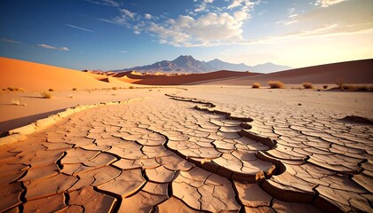 A vast, cracked earth plain stretches across the desert landscape, under a vibrant, cloud-filled sky, showcasing the effects of dryness and heat.
