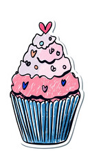 Hand drawn doodle sticker illustration of a cute pink cupcake