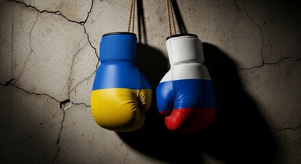 Boxing gloves painted with ukraine and russian flags hanging on a cracked concrete wall