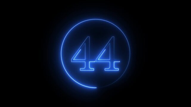 44 numeral in a vibrant blue hue, encased within a luminous circular frame, set against a stark black backdrop, creating a captivating contrast and modern aesthetic appeal