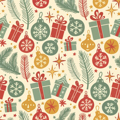 Festive Christmas pattern with ornaments, gifts, and fir branches in a charming style, seamless pattern, Stock royalty image.