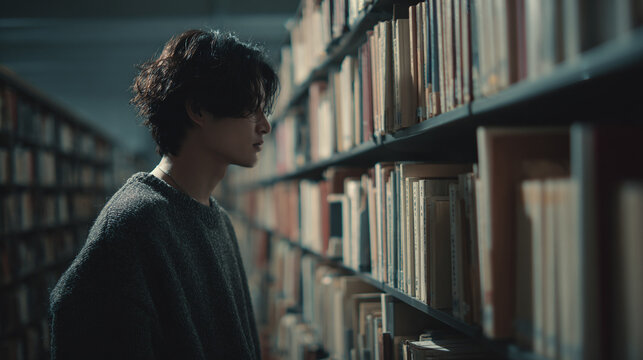 Young man browsing book collection in a library. Focused on selecting a new read, surrounded by knowledge in a peaceful setting.