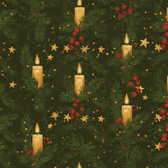 Festive Christmas pattern with candles, pine branches, stars and berries, patern seamless, Stock royalty image.