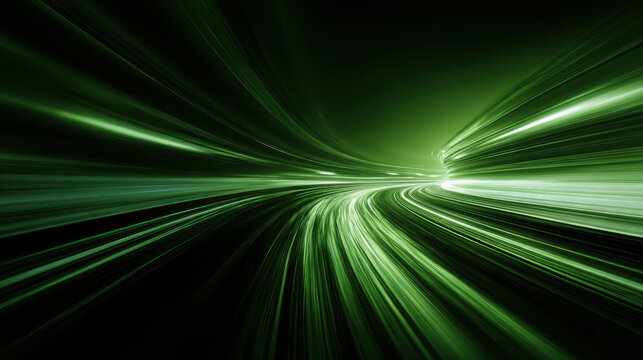 Dynamic green light trail creates futuristic and energetic visual effect, suggesting speed and motion. abstract design evokes sense of technology and innovation