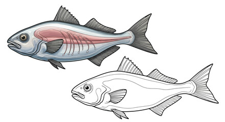 Fototapeta premium Antarctic Icefish Dual View Coloring Page with Pre-Colored and Outline Versions for Kids