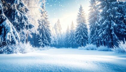 Fototapeta premium Winter wonderland Snowy forest landscape with sunlight, and nature.
