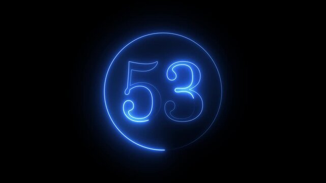 Neon glowing number 53 in a circle against a black backdrop, creating a futuristic and modern aesthetic with its vibrant blue light, perfect for technology themed designs and digital interfaces.