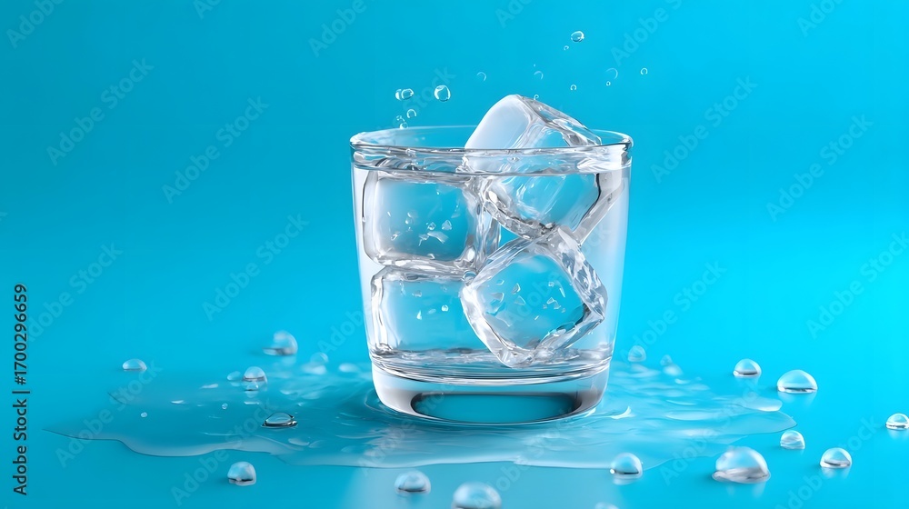 Poster close-up view of a glass filled with clear, cool water and floating ice cubes, creating a refreshing