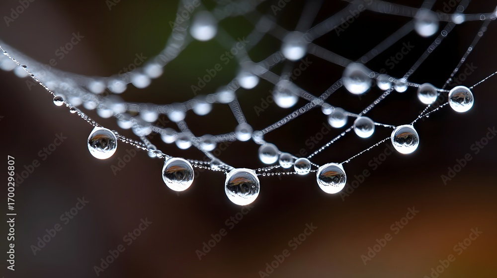 Poster close-up view of a delicate spider web draped with shimmering dew droplets, creating a serene and et