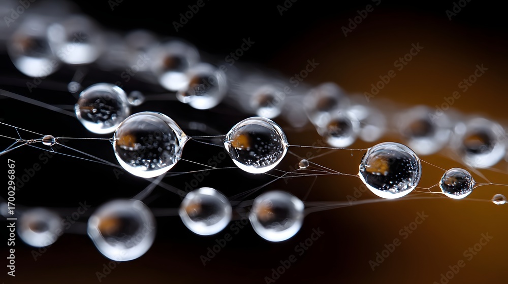 Poster captivating close-up view of transparent water droplets clinging to the intricate structure of a pla