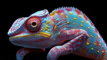 Vibrant Chameleon Close-up Against Black Background