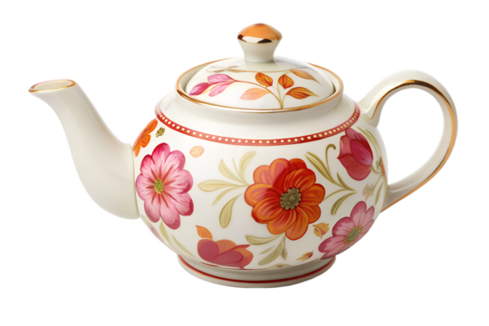 Elegant porcelain teapot, adorned with vibrant pink and orange floral patterns and gold accents, perfect for serving hot beverages and adding a sophisticated touch to any table