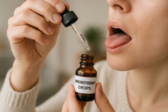 Close up of a woman taking immunotherapy drops sublingually, administering treatment with a dropper