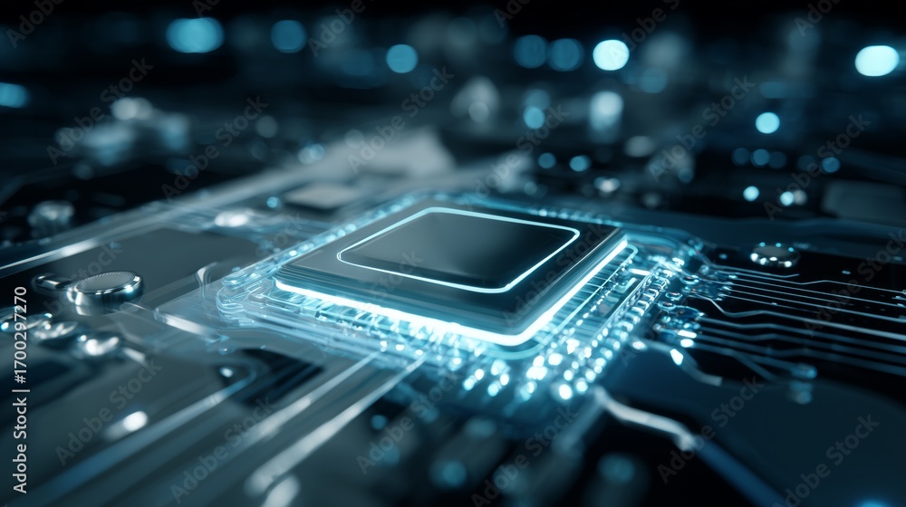 Poster close-up of a cpu processing data on a motherboard, highlighting advancements in computer technology