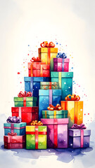 Colorful Tower of Gift Boxes in Watercolor Style